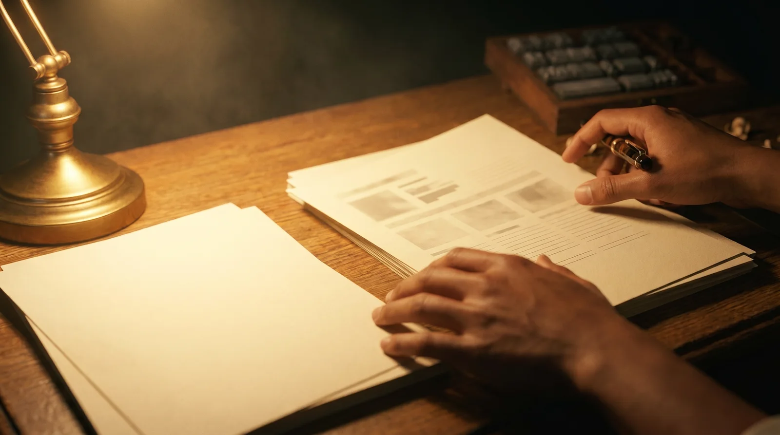 Hands aligning sheets of cream paper on a dark oak desk